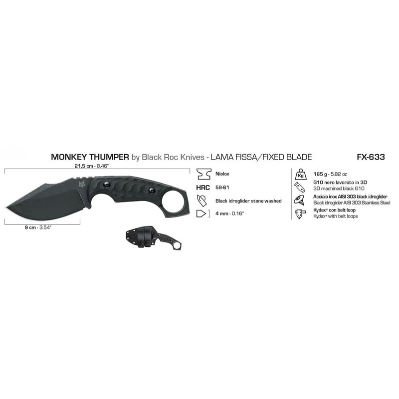 Fox Knives Monkey Thumper Fixed Blade Niolox Steel Survival Backup Tactical Knife