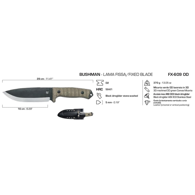 Fox Knives Bushman Fixed Blade Knife D2 Steel Survival Combat Micarta Handle