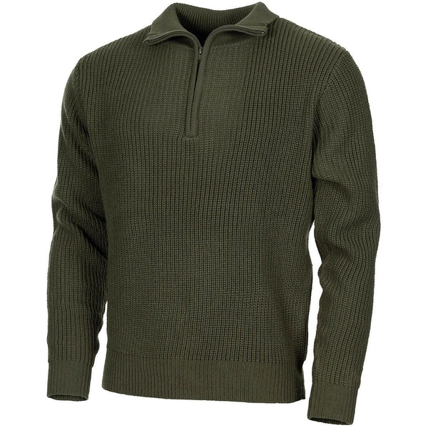 MFH Brand Troyer Style Sweater Quarter Zip Jumper Rib Knit Olive Pullover New