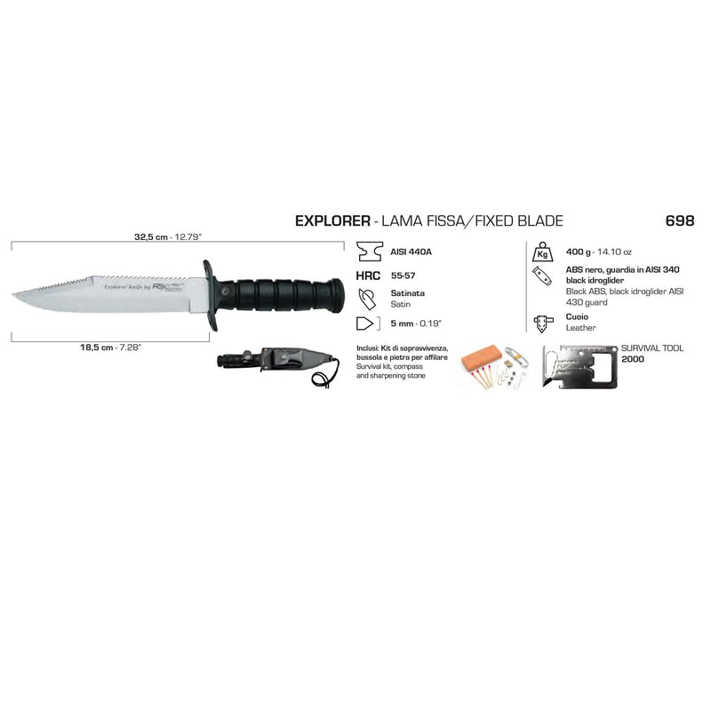 Fox Knives Military Explorer Fixed Knife 55-57 HRC 440 Steel Blade Survival Kit