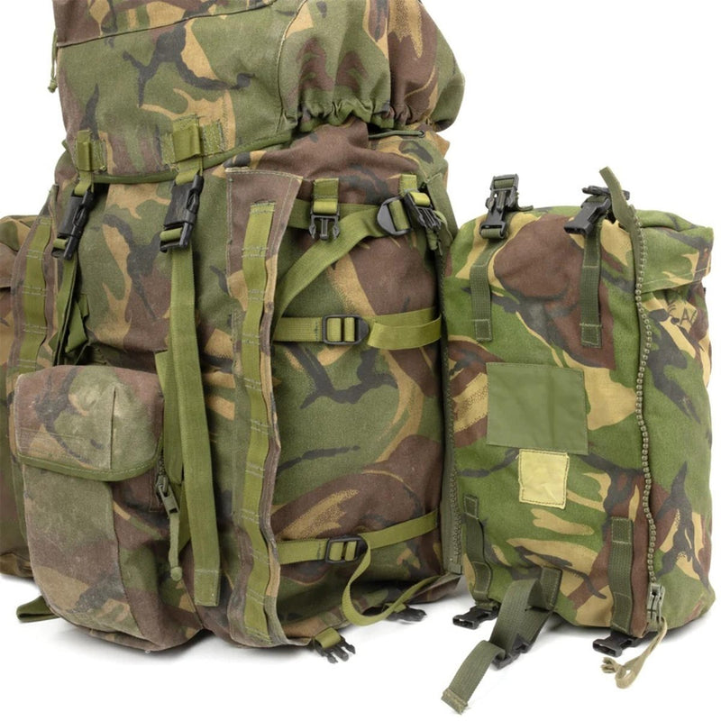 Original British Military tactical backpack woodland camo 90 liters side pockets adjustable padded shoulder straps removable